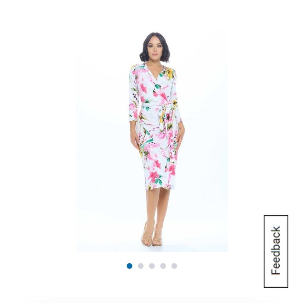 ReneeC white floral dress tie closure wrap around size M new